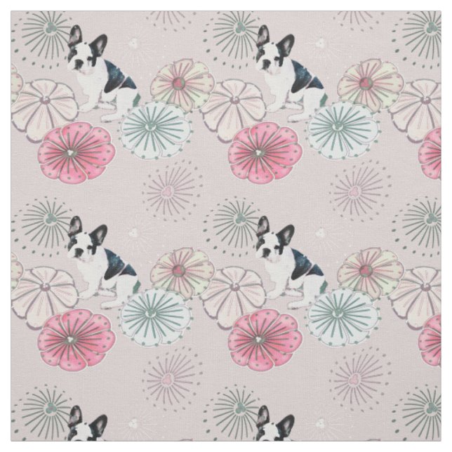 Tissu Motif Bulldog Français et Fleurs (Échantillon)