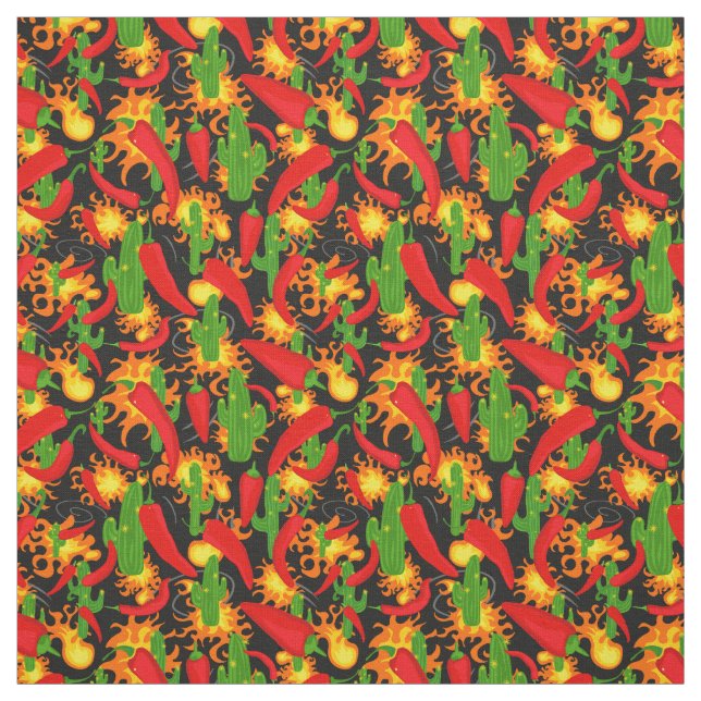 Tissu Motif Chili Peppers, Cactus et Flames (Échantillon)