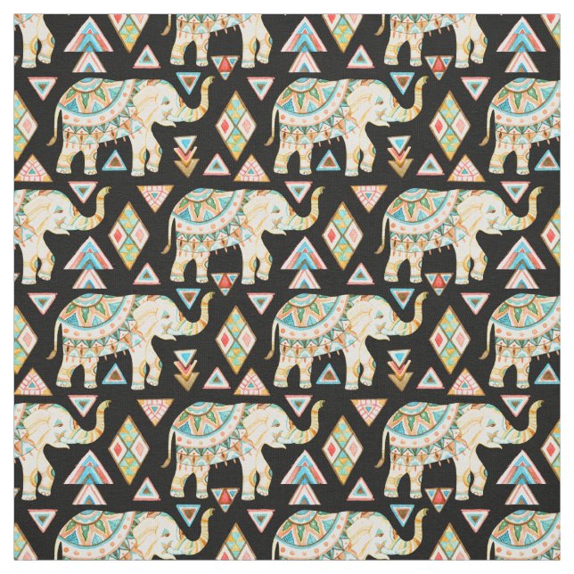 Tissu Motif coloré mignon d'éléphants d'Asie (Échantillon)