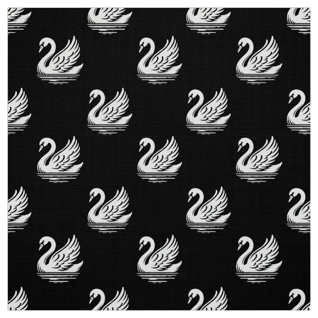 Tissu Motif cygne - Blanc sur noir (Échantillon)