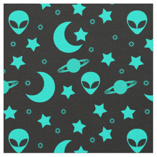 Tissu Motif d'alien turquoise avec étoiles et lunes