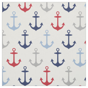 Tissu Motif d'ancres bleu marine, blanc et rouge marine