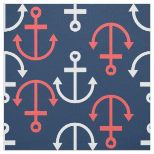 Tissu Motif d'Ancres de bateaux nautiques coraux et blan