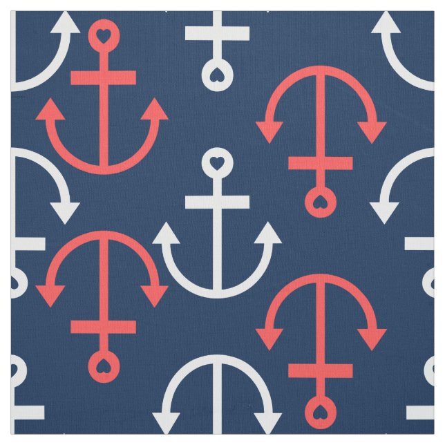 Tissu Motif d'Ancres de bateaux nautiques coraux et blan (Échantillon)