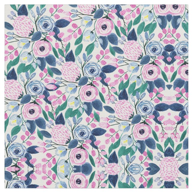 Tissu Motif d'aquarelle Sweet Rose Navy Flowers (Fermer)