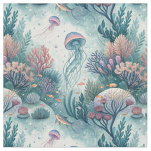 Tissu Motif d'art de corail de méduse à l'aquarelle Océa