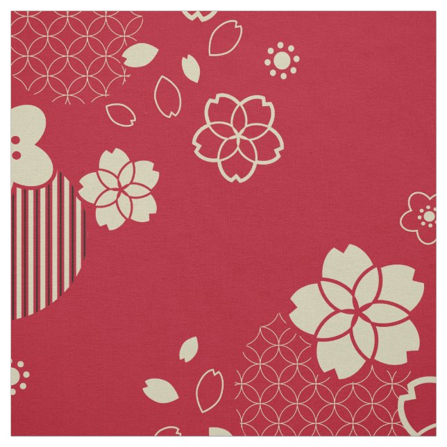 Tissu motif d'Asie rouge aux fleurs de printemps (Échantillon)