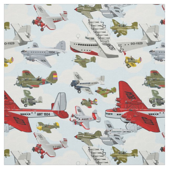 Tissu motif d'avions rétro-caricaturés (Échantillon)