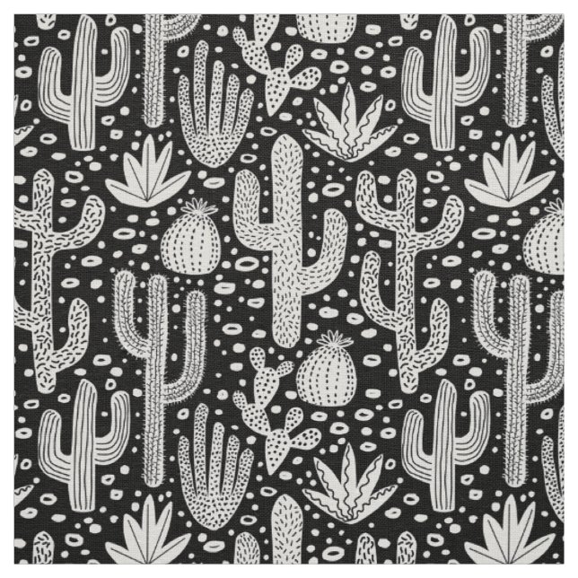 Tissu Motif de cactus - blanc sur le noir (Échantillon)