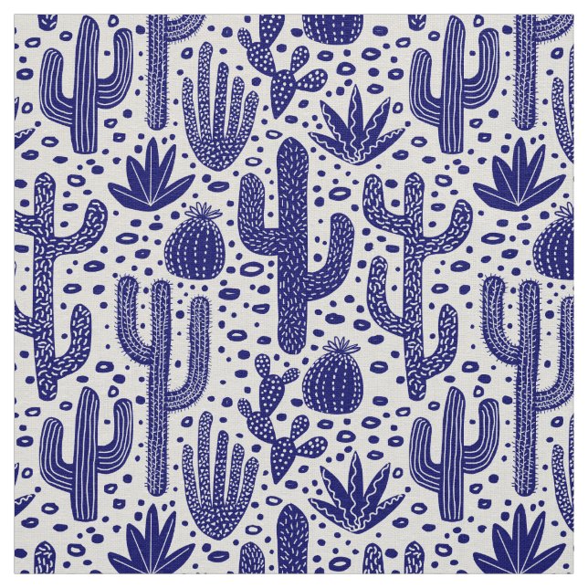 Tissu Motif de cactus - bleu-foncé et blanc (Échantillon)