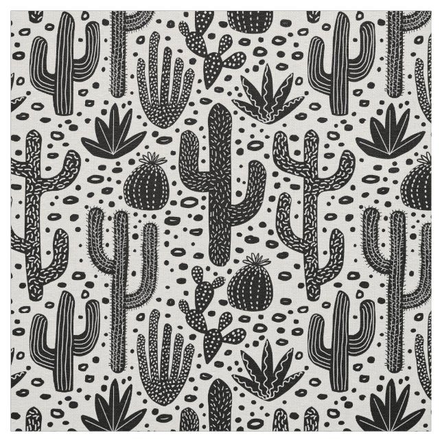 Tissu Motif de cactus - noir et blanc (Échantillon)