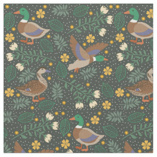 Tissu Motif de canards folk floraux verts
