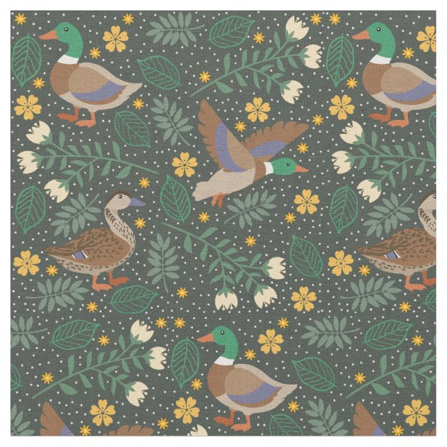Tissu Motif de canards folk floraux verts (Fermer)