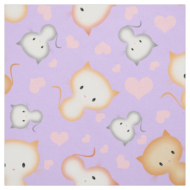 Tissu Motif de chatons mignons et de cœurs (Échantillon)