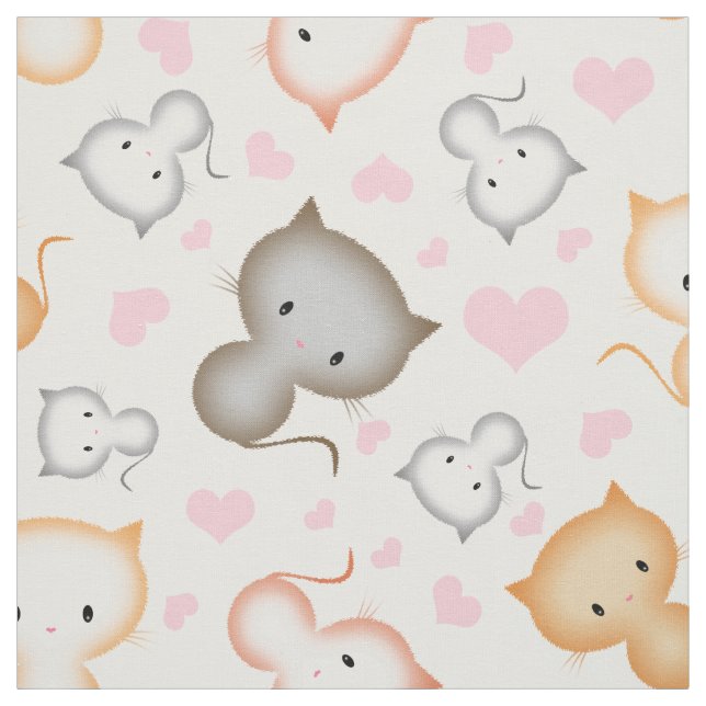 Tissu Motif de chatons mignons et de cœurs (Échantillon)