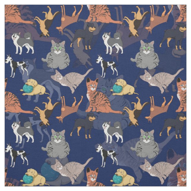 Tissu Motif de chats et de chiens sur fond bleu  (Échantillon)