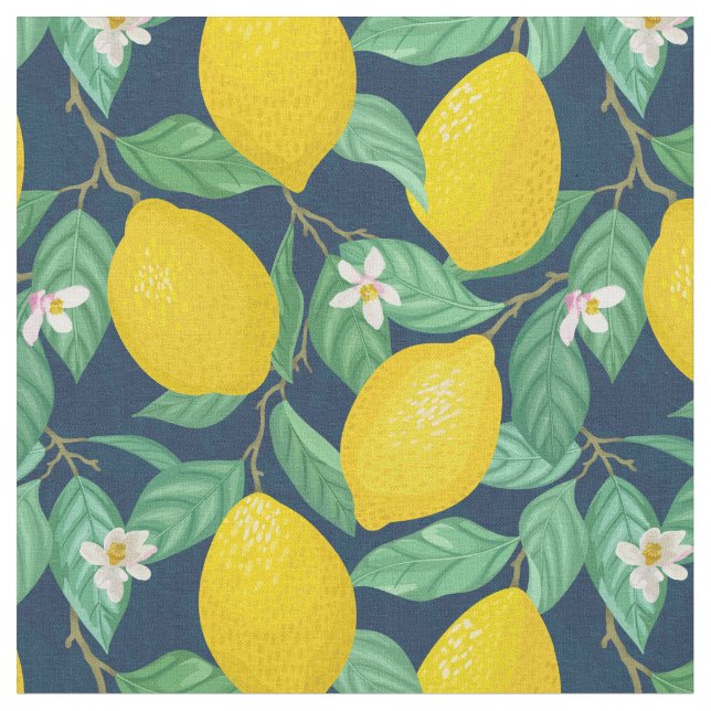 Tissu Motif de citron bleu de la marine jaune (Fermer)