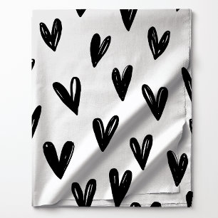 Tissu Motif de coeurs gribouillés noir et blanc mignon