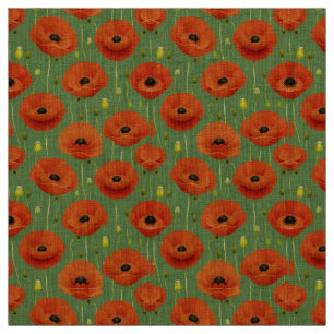 Tissu Motif de coquelicots rouges vifs sur un fond vert