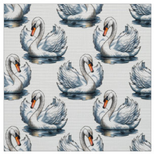 Tissu Motif de cygnes sur fond blanc