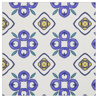 Tissu Motif de Damas florales jaune, vert et bleu