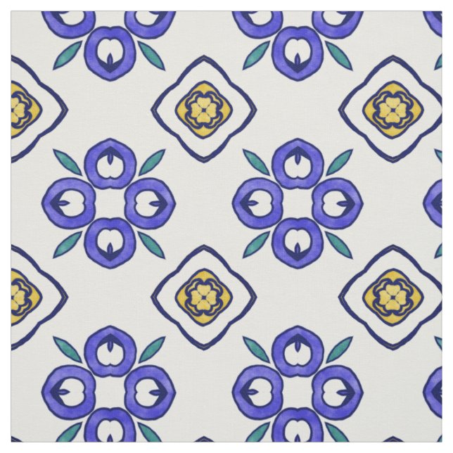 Tissu Motif de Damas florales jaune, vert et bleu (Échantillon)
