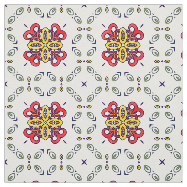 Tissu Motif de Damas florales rouge, vert et jaune (Échantillon)