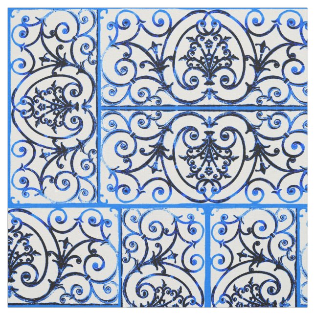 Tissu Motif de défilement bleu et blanc (Échantillon)