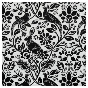 Tissu Motif de faisan et lièvre, blanc et noir