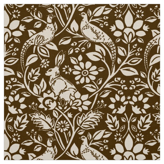 Tissu Motif de faisan et lièvre, Brown et beige  (Échantillon)