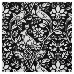 Tissu Motif de faisan et lièvre, noir et blanc