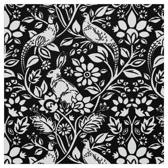 Tissu Motif de faisan et lièvre, noir et blanc (Échantillon)