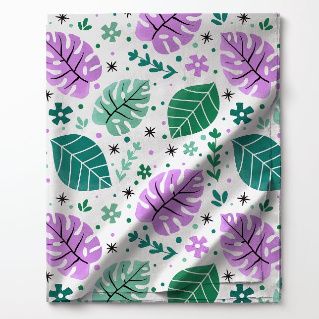 Tissu Motif de feuille tropicale Monstera vert et violet (Créateur téléchargé)