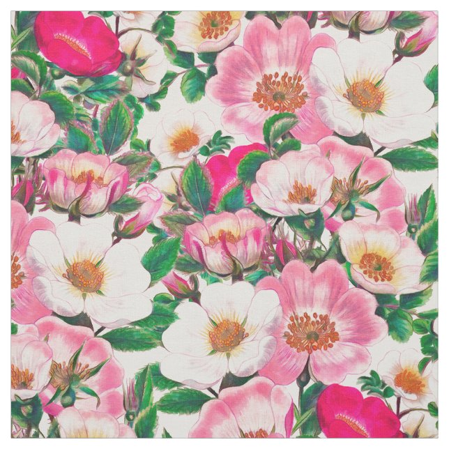 Tissu Motif de fleurs Roses rose et blanc (Échantillon)