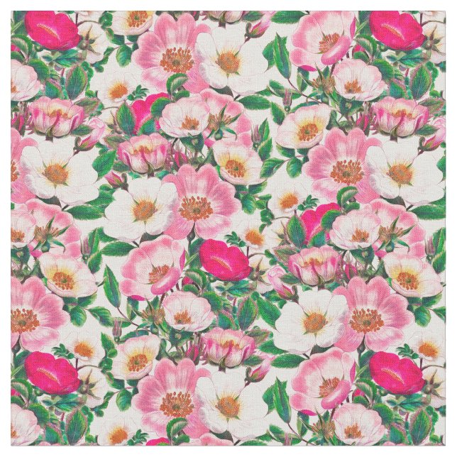 Tissu Motif de fleurs Roses rose et blanc (Fermer)