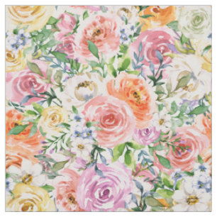 Tissu Motif de fleurs Roses rose jaune blanc orange
