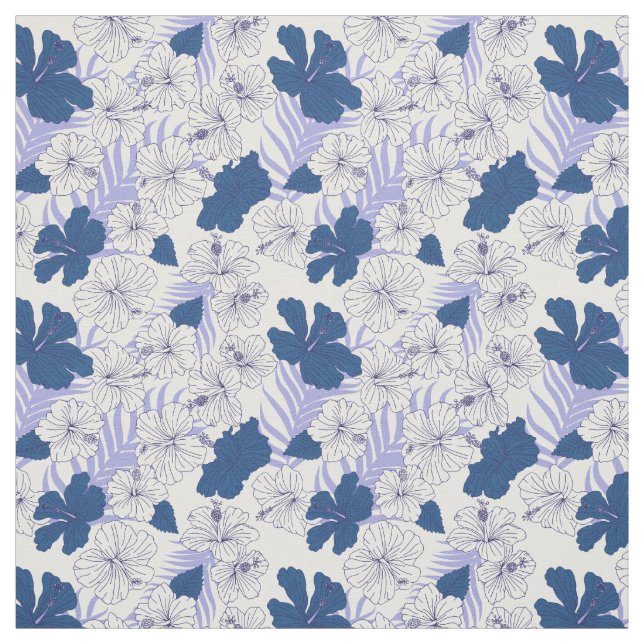 Tissu Motif de fleurs tropicales en bleu et blanc (Échantillon)