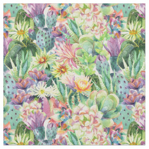 Tissu Motif de floraison exotique de cactus d'aquarelle