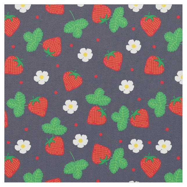 Tissu Motif de fraise d'été sur bleu marine (Fermer)
