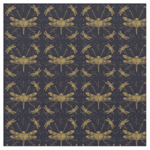 Tissu Motif de libellule d'or - sombre