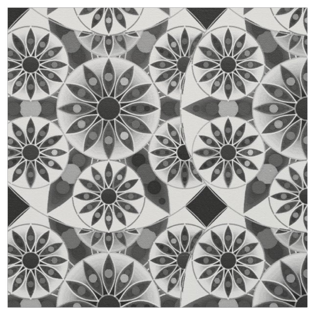 Tissu Motif de mandala, noir, blanc et gris/gris (Échantillon)