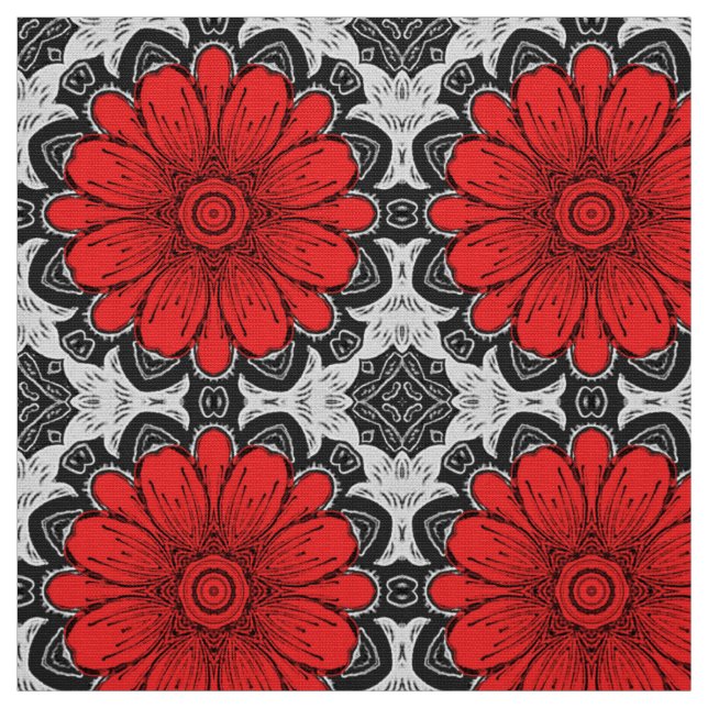Tissu Motif de marguerite géométrique en rouge noir et b (Échantillon)