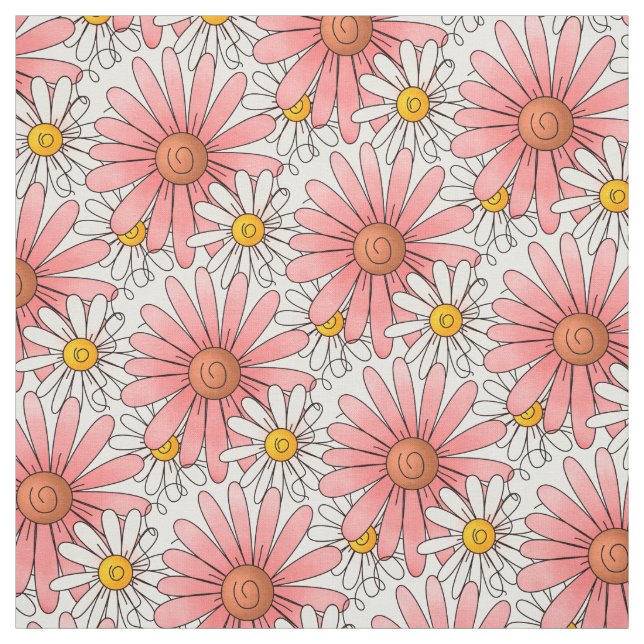 Tissu Motif de marguerites roses et blanches (Échantillon)