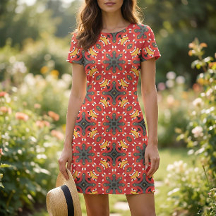 Tissu Motif de mosaïque arabe d'origine rouge Boho