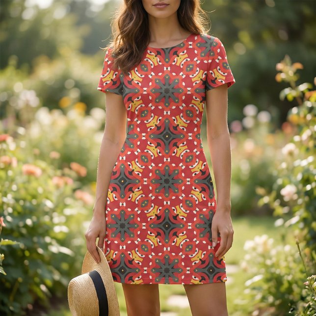 Tissu Motif de mosaïque arabe d'origine rouge Boho (Créateur téléchargé)