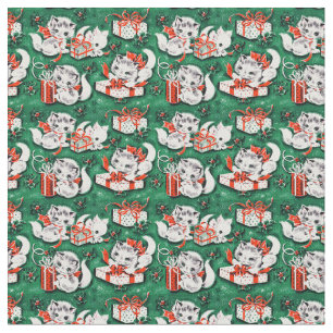 Tissu motif de Noël Vintage Vert des années 50 avec chat
