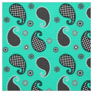 Tissu Motif de Paisley, turquoise, noire et blanche
