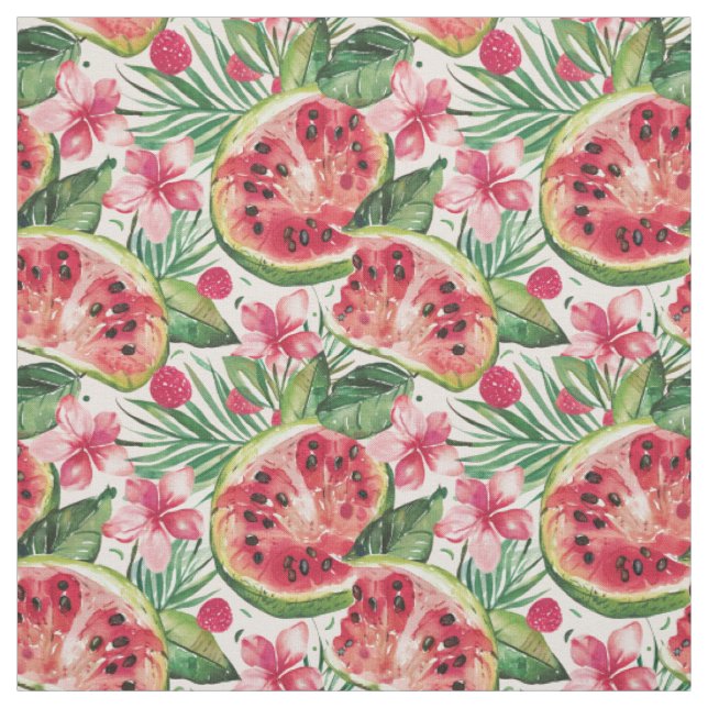 Tissu Motif de pastèque et de fleurs tropicales à l'aqua (Échantillon)