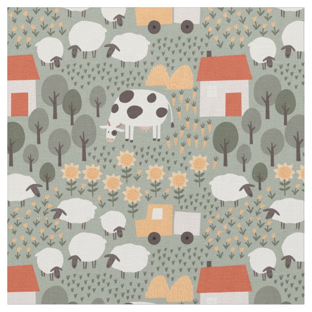 Tissu Motif de scène de ferme mignonne (Fermer)