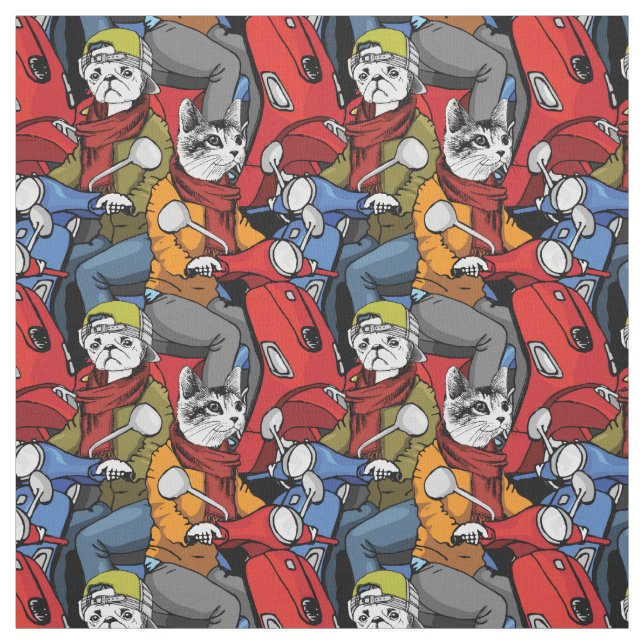 Tissu Motif de scooter de chats et de chiens (Échantillon)